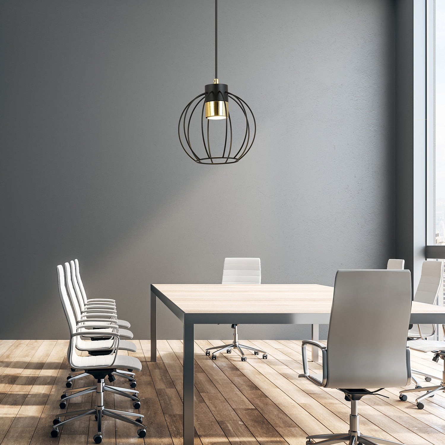 Sospensione Minimal Orfeo 1 Luce In Acciaio Nero A Gabbia Con Oro