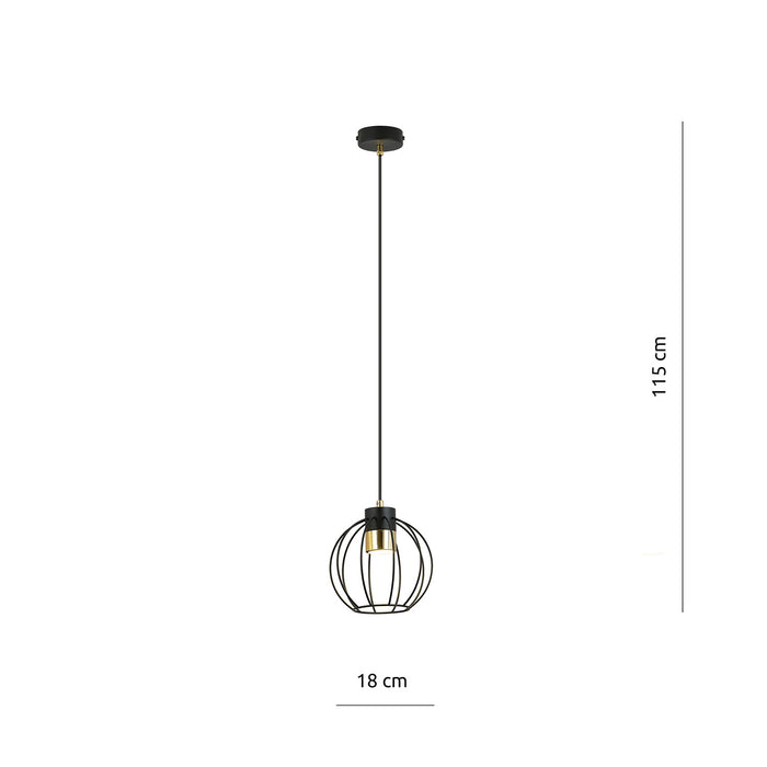 Sospensione Minimal Orfeo 1 Luce In Acciaio Nero A Gabbia Con Oro