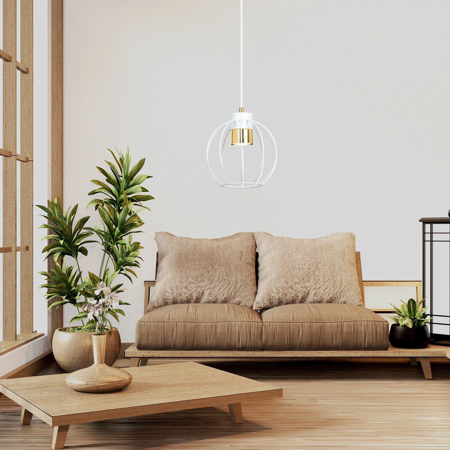 Sospensione Minimal Orfeo 1 Luce In Acciaio Bianco A Gabbia Con Oro