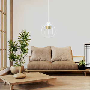 Sospensione Minimal Orfeo 1 Luce In Acciaio Bianco A Gabbia Con Oro