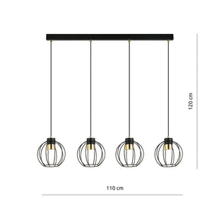 Sospensione Minimal Orfeo 4 Luci In Acciaio Nero A Paralumi Gabbia Con Oro