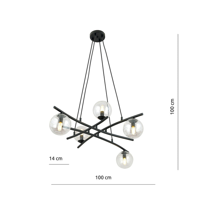 Lampadario Moderno Cadmo Acciaio Nero Trasarente 5 Luci E14 Ip20