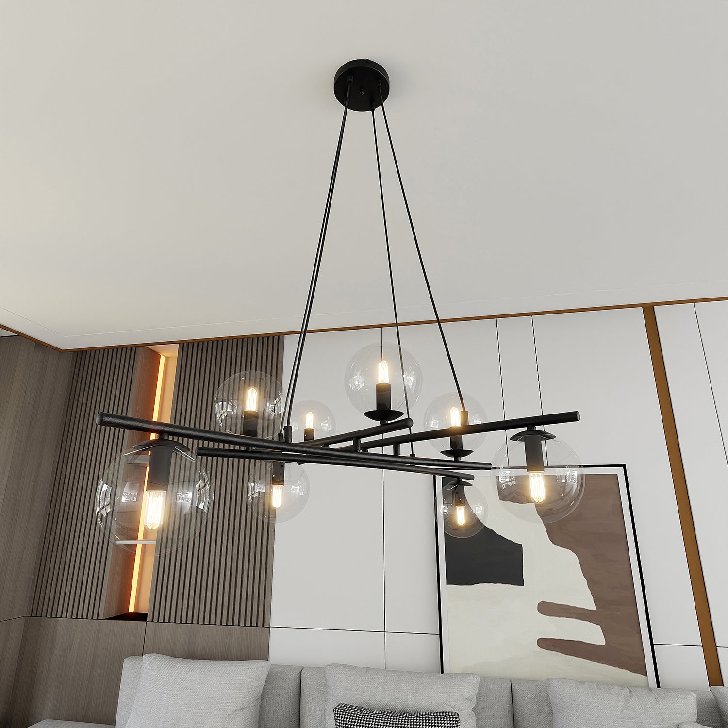 Lampadario Moderno Cadmo Acciaio Nero Trasparente 8 Luci E14 Ip20
