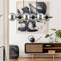 Sospensione Moderna Anfitrione 6 Luci In Acciaio Nero E Sfere In Vetro Fumè