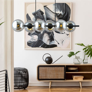 Sospensione Moderna Anfitrione 6 Luci In Acciaio Nero E Sfere In Vetro Fumè