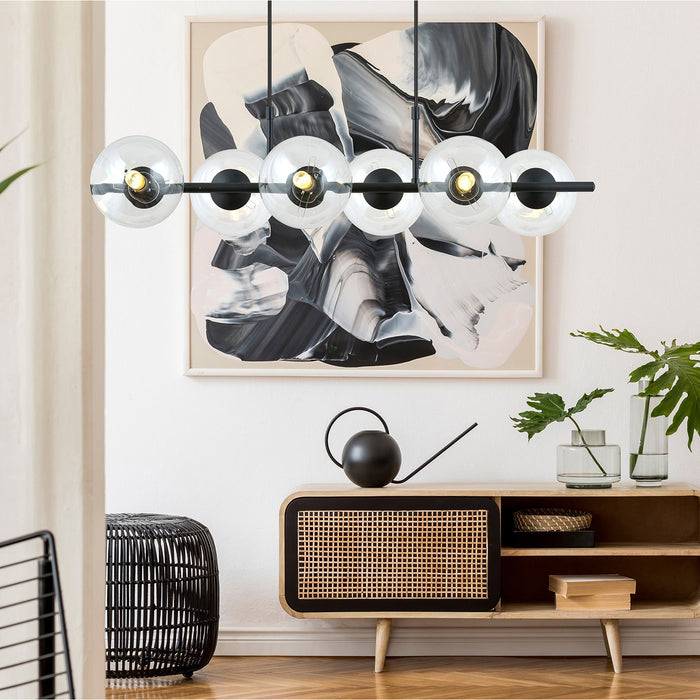 Sospensione Moderna Anfitrione 6 Luci In Acciaio Nero E Sfere In Vetro Trasparente