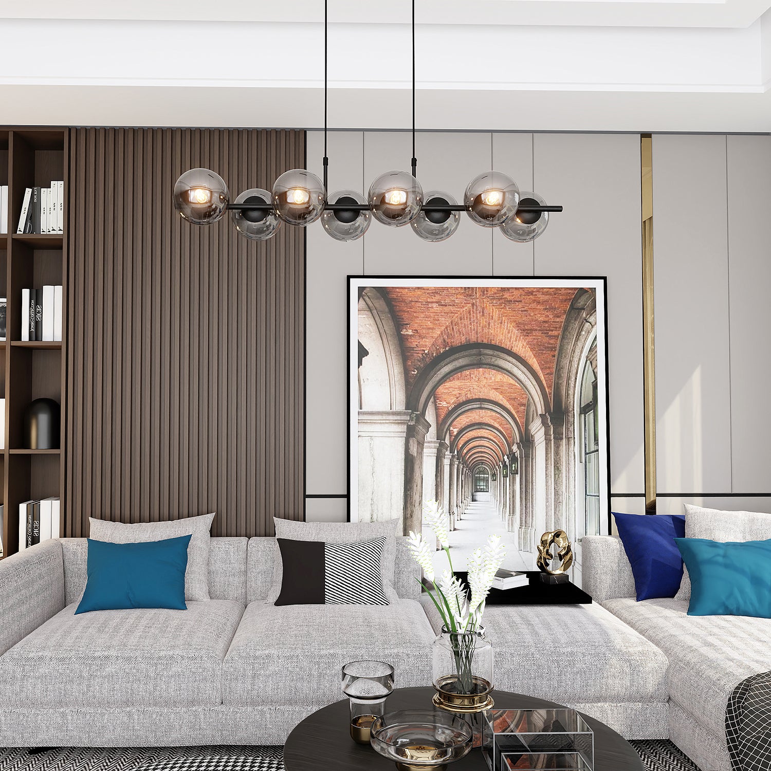 Sospensione Moderna Anfitrione 8 Luci In Acciaio Nero E Sfere In Vetro Fumè