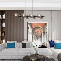 Sospensione Moderna Anfitrione 8 Luci In Acciaio Nero E Sfere In Vetro Fumè