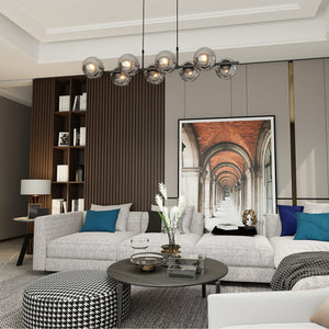 Sospensione Moderna Anfitrione 8 Luci In Acciaio Nero E Sfere In Vetro Fumè