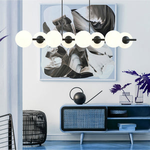 Sospensione Moderna Anfitrione 8 Luci In Acciaio Nero E Sfere In Vetro Opalino