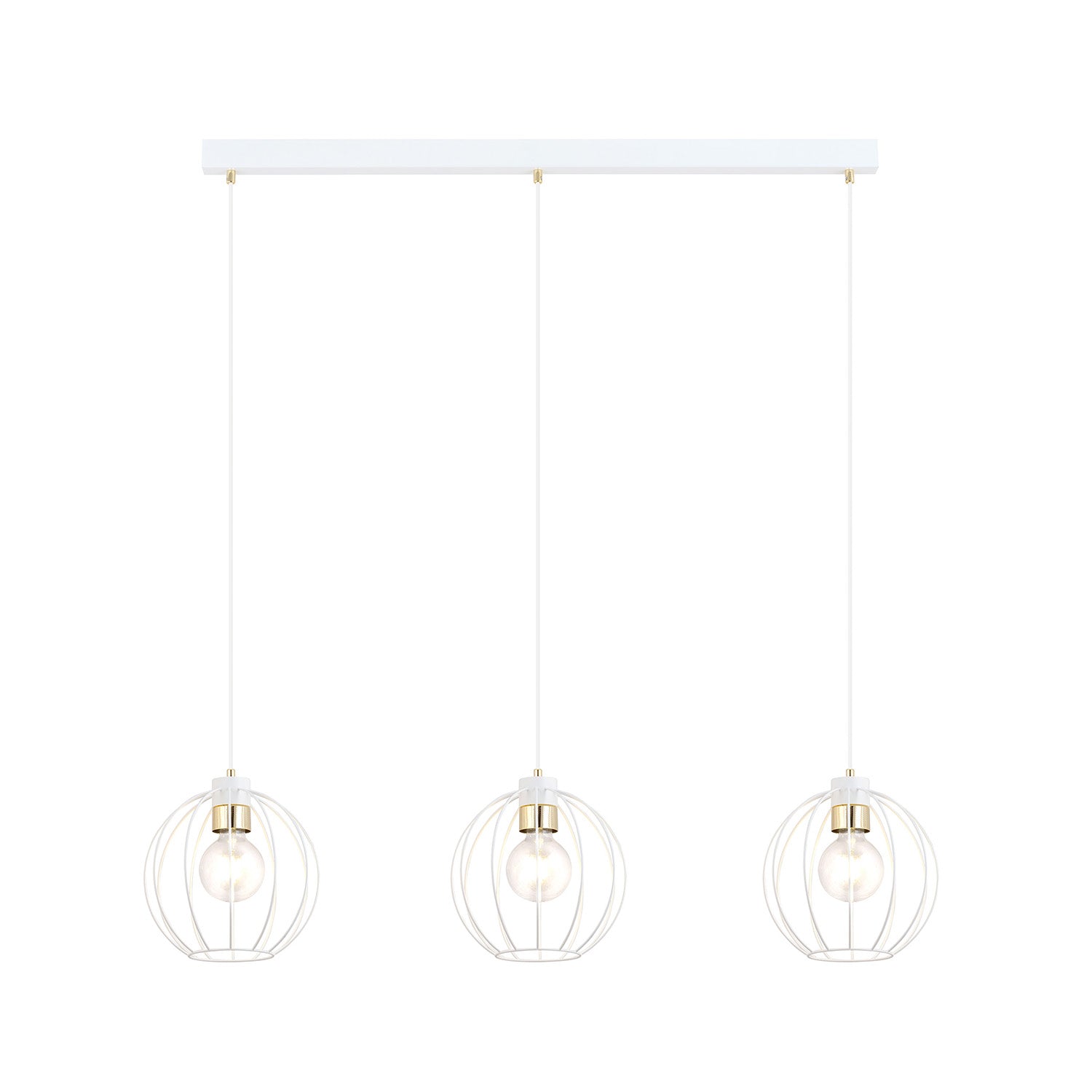 Sospensione Industrial 3 Luci Polluce In Acciaio Bianco A Paralumi Gabbia Con Oro