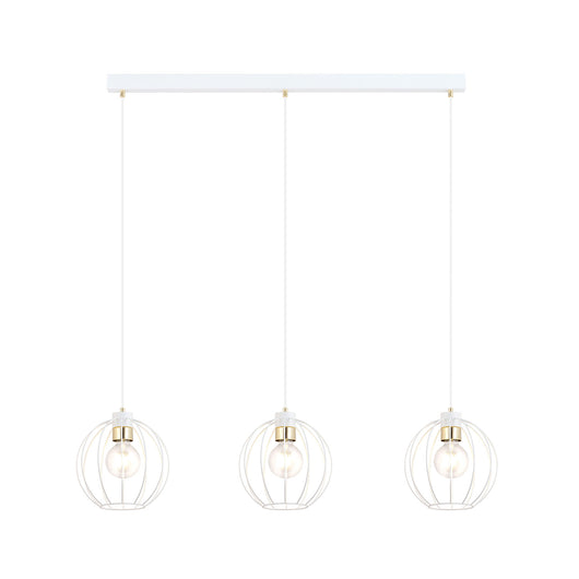 Sospensione Industrial 3 Luci Polluce In Acciaio Bianco A Paralumi Gabbia Con Oro