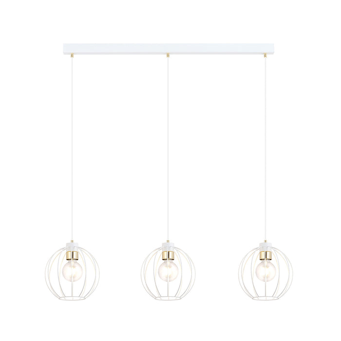 Sospensione Industrial 3 Luci Polluce In Acciaio Bianco A Paralumi Gabbia Con Oro