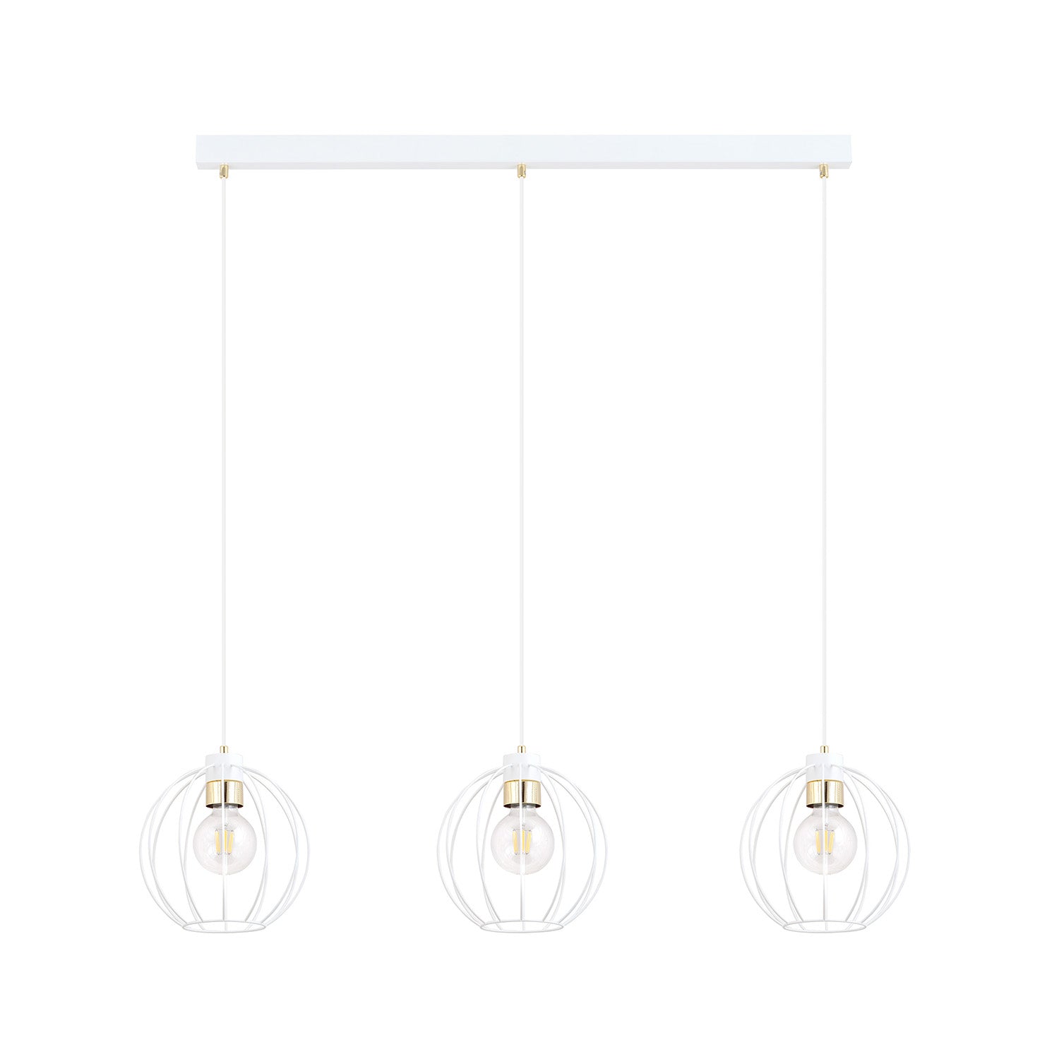 Sospensione Industrial 3 Luci Polluce In Acciaio Bianco A Paralumi Gabbia Con Oro