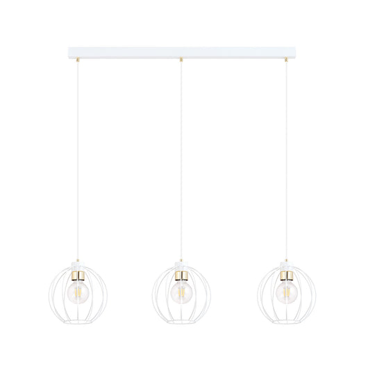 Sospensione Industrial 3 Luci Polluce In Acciaio Bianco A Paralumi Gabbia Con Oro