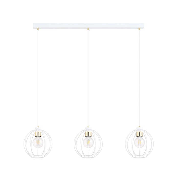 Sospensione Industrial 3 Luci Polluce In Acciaio Bianco A Paralumi Gabbia Con Oro