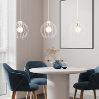 Sospensione Industrial 3 Luci Polluce In Acciaio Bianco A Paralumi Gabbia Con Oro