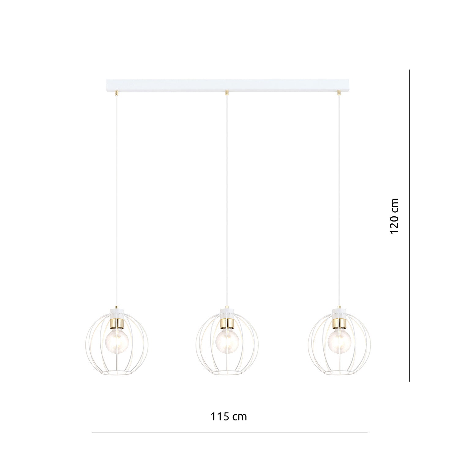 Sospensione Industrial 3 Luci Polluce In Acciaio Bianco A Paralumi Gabbia Con Oro