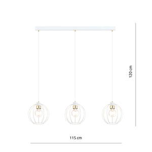 Sospensione Industrial 3 Luci Polluce In Acciaio Bianco A Paralumi Gabbia Con Oro