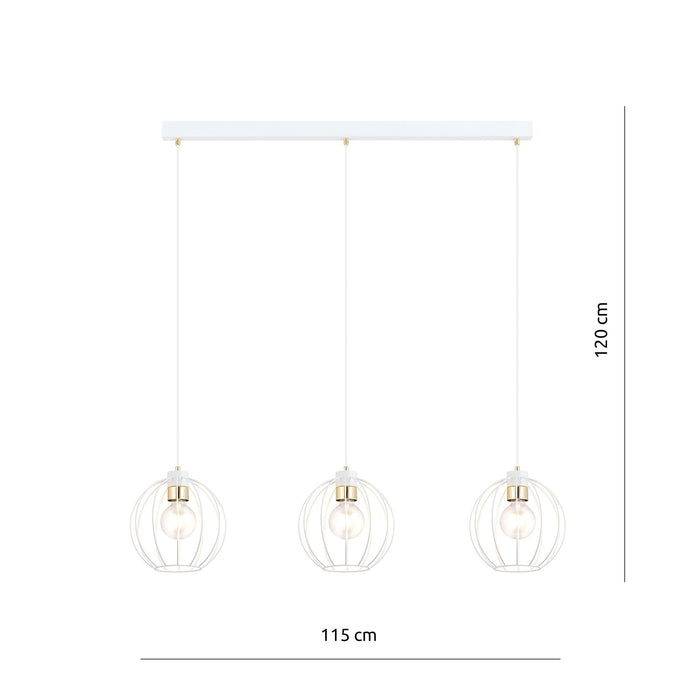 Sospensione Industrial 3 Luci Polluce In Acciaio Bianco A Paralumi Gabbia Con Oro