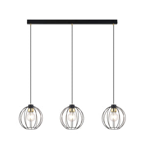 Sospensione Industrial 3 Luci Polluce In Acciaio Nero A Paralumi Gabbia Con Oro