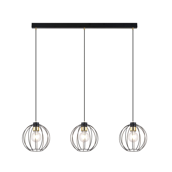 Sospensione Industrial 3 Luci Polluce In Acciaio Nero A Paralumi Gabbia Con Oro