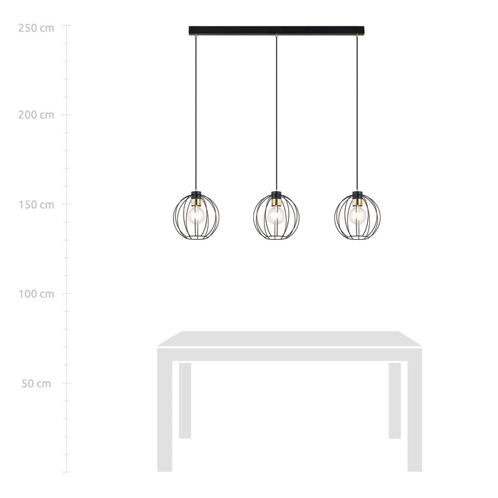 Sospensione Industrial 3 Luci Polluce In Acciaio Nero A Paralumi Gabbia Con Oro
