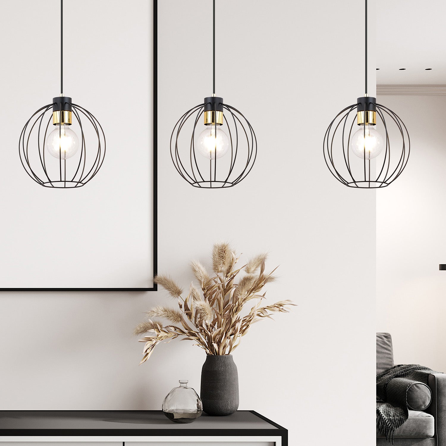 Sospensione Industrial 3 Luci Polluce In Acciaio Nero A Paralumi Gabbia Con Oro