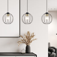 Sospensione Industrial 3 Luci Polluce In Acciaio Nero A Paralumi Gabbia Con Oro