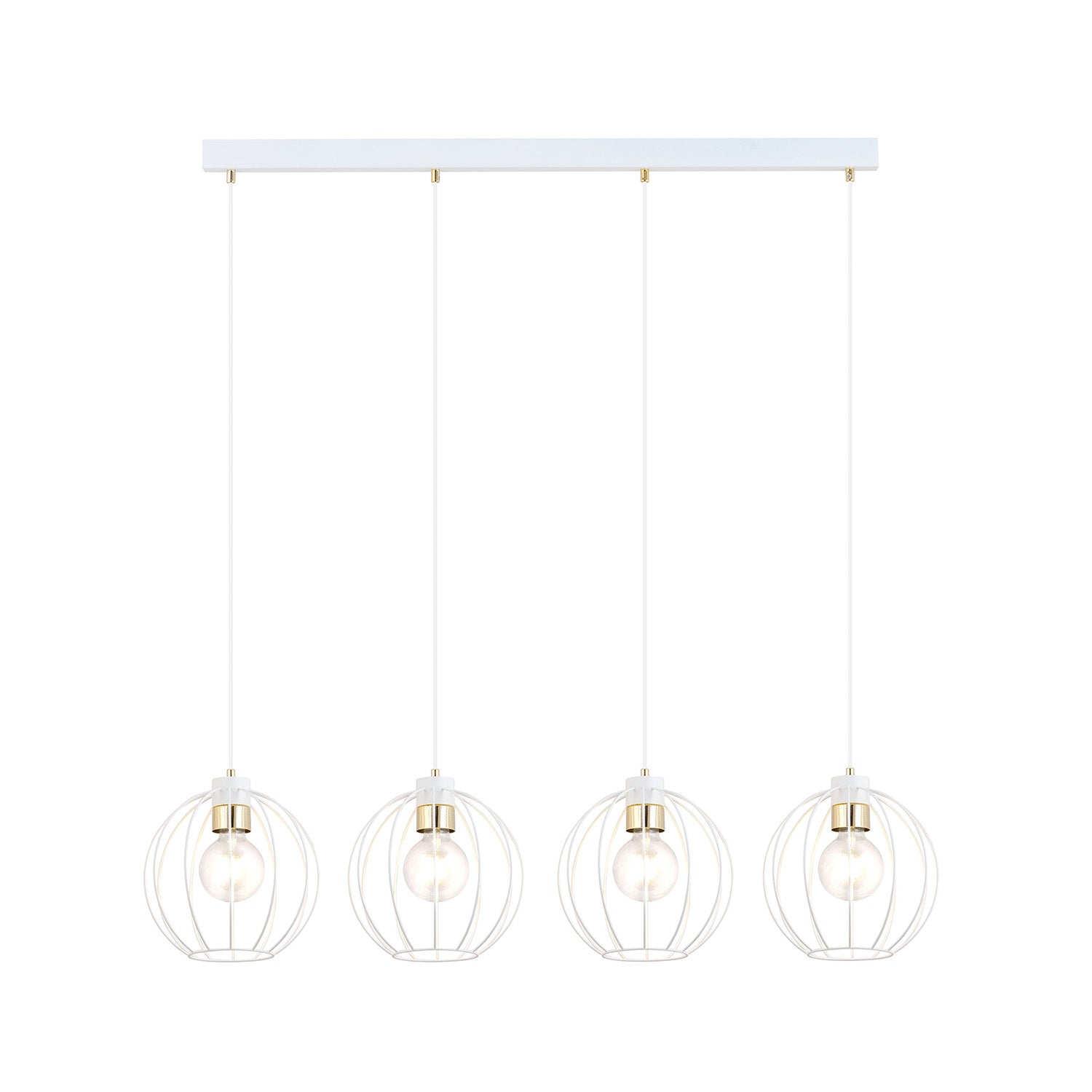 Sospensione Industrial 4 Luci Polluce In Acciaio Bianco A Paralumi Gabbia Con Oro