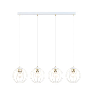 Sospensione Industrial 4 Luci Polluce In Acciaio Bianco A Paralumi Gabbia Con Oro