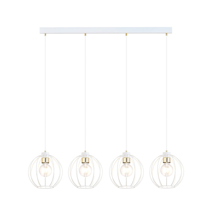 Sospensione Industrial 4 Luci Polluce In Acciaio Bianco A Paralumi Gabbia Con Oro