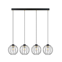 Sospensione Industrial 4 Luci Polluce In Acciaio Nero A Paralumi Gabbia Con Oro