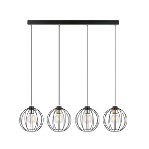 Sospensione Industrial 4 Luci Polluce In Acciaio Nero A Paralumi Gabbia Con Oro