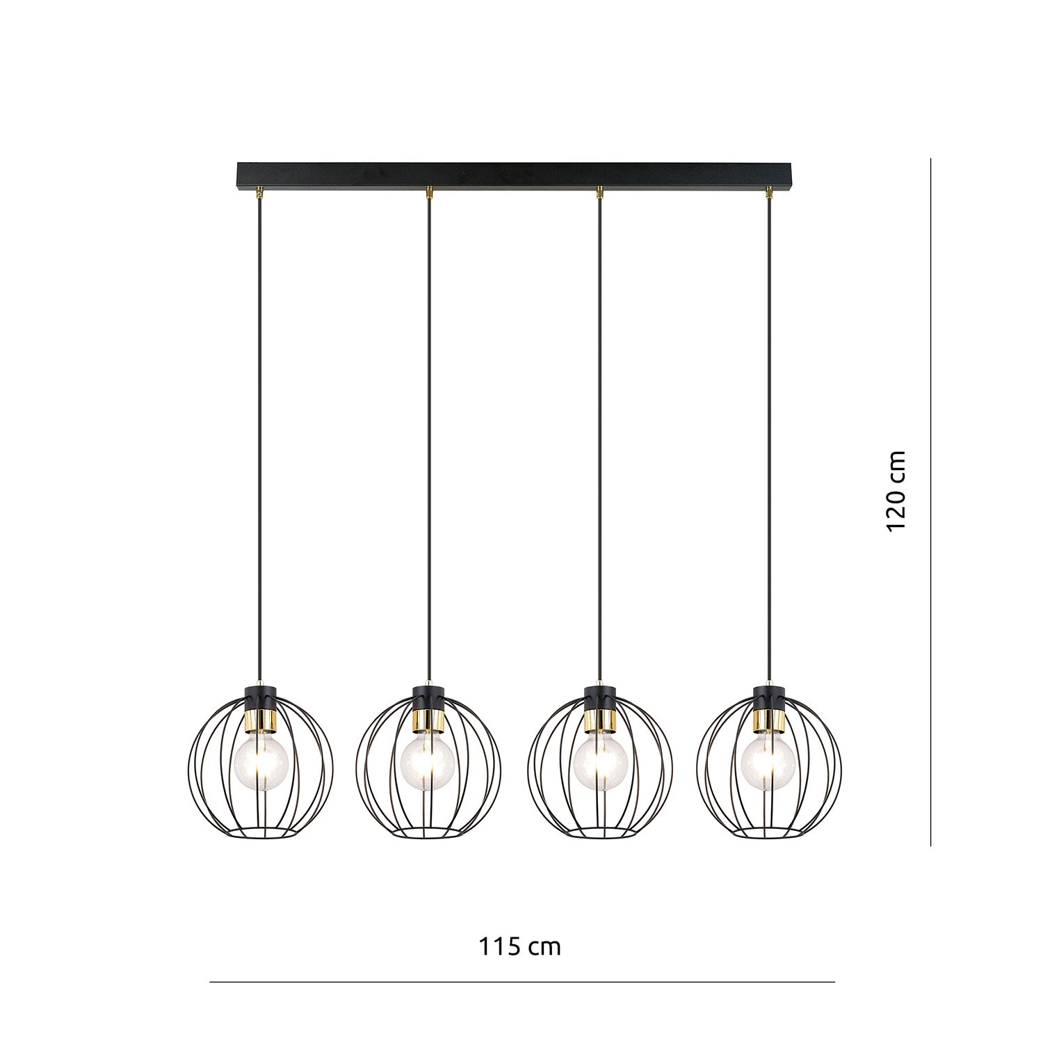 Sospensione Industrial 4 Luci Polluce In Acciaio Nero A Paralumi Gabbia Con Oro
