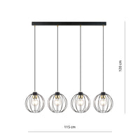 Sospensione Industrial 4 Luci Polluce In Acciaio Nero A Paralumi Gabbia Con Oro