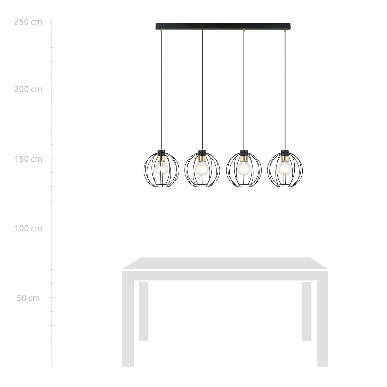 Sospensione Industrial 4 Luci Polluce In Acciaio Nero A Paralumi Gabbia Con Oro