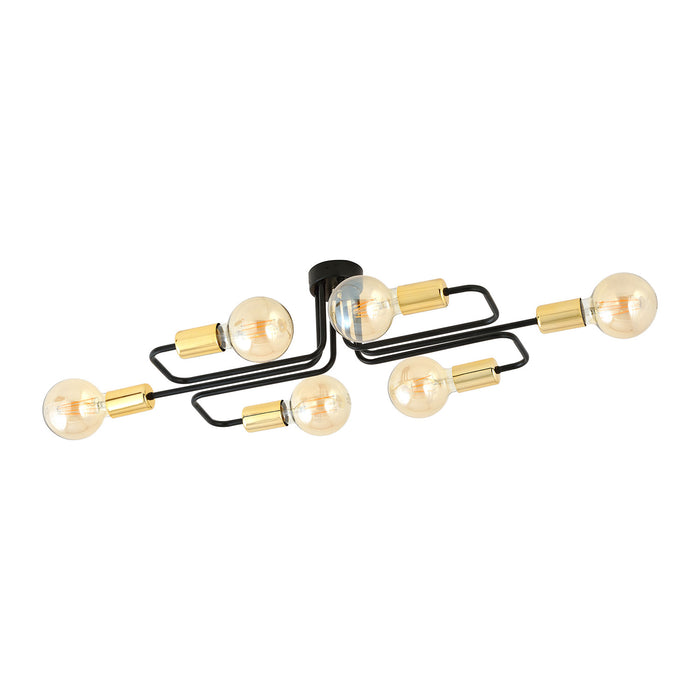 Plafoniera Industriale 6 Luci Diomede In Acciao Nero E Rame A Bracci