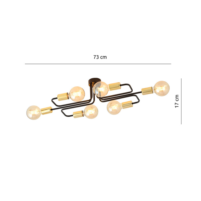Plafoniera Industriale 6 Luci Diomede In Acciao Nero E Rame A Bracci