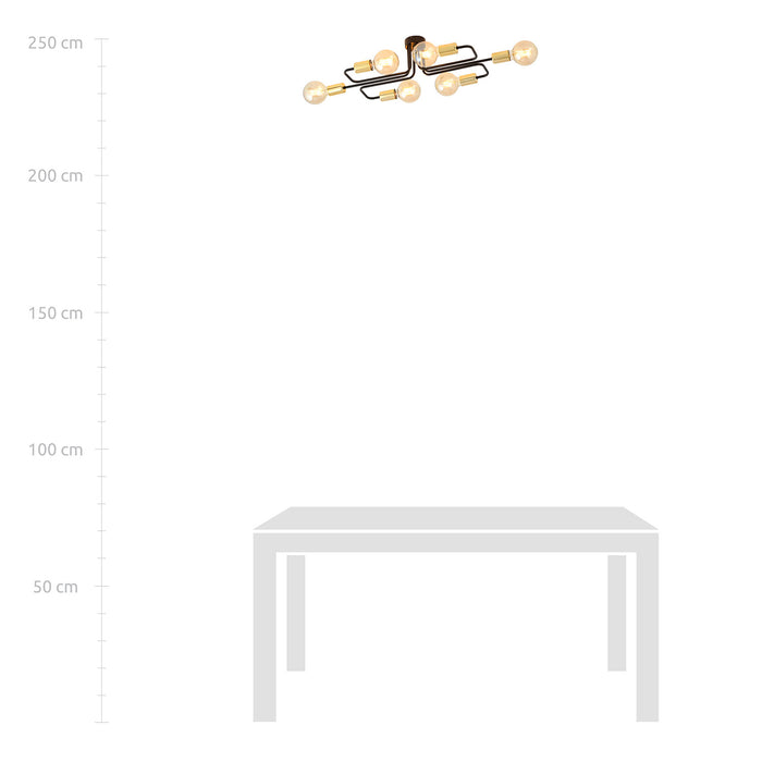 Plafoniera Industriale 6 Luci Diomede In Acciao Nero E Rame A Bracci