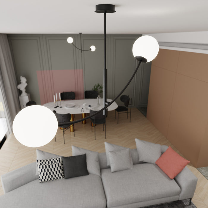 Sospenione Moderna 2 Luci Oceano Acciaio Nero Bracci Regolabili E Vetro Opalino