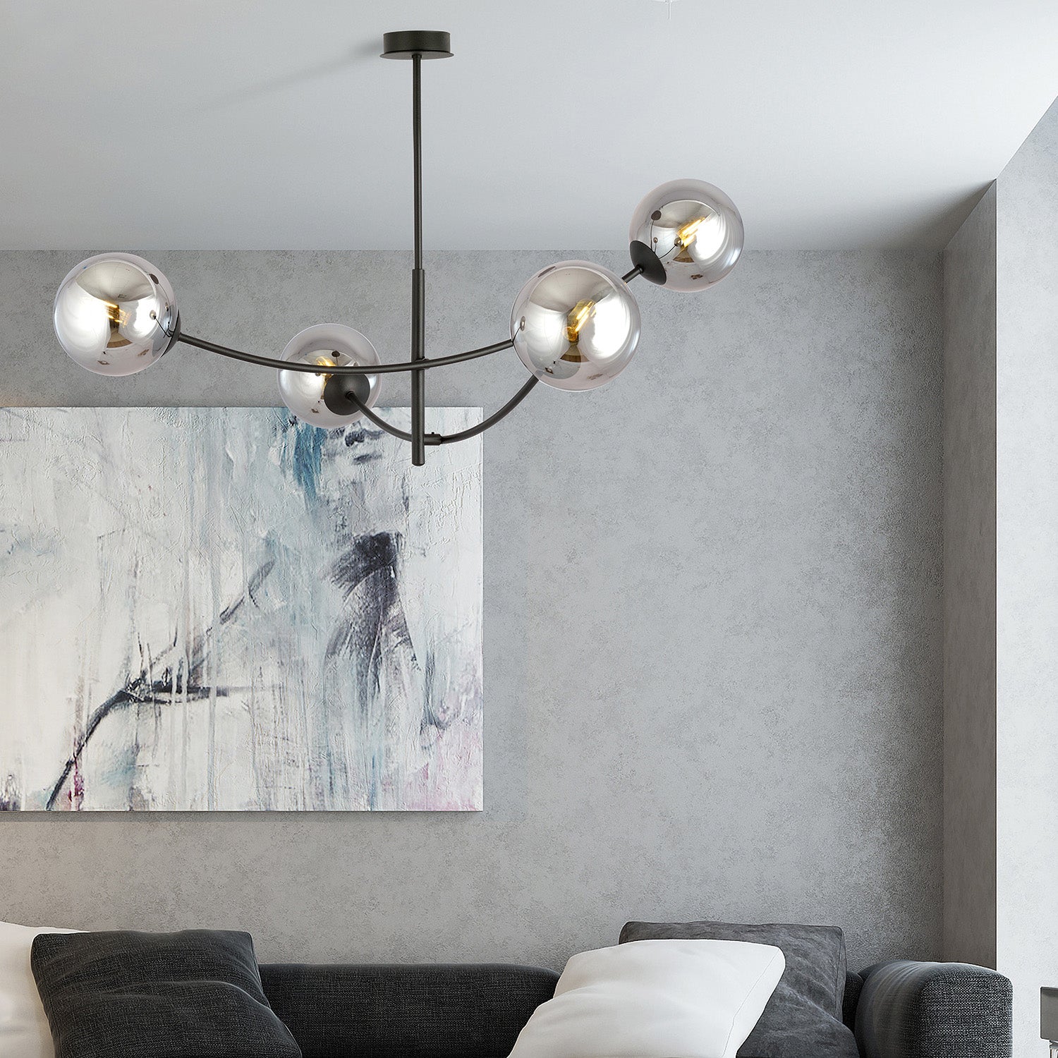 Sospenione Moderna 4 Luci Oceano In Acciaio Nero Bracci Regolabili E Vetro Fumè