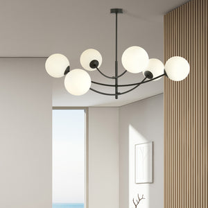 Sospenione Moderna 6 Luci Oceano Acciaio Nero Bracci Regolabili E Vetro Opalino