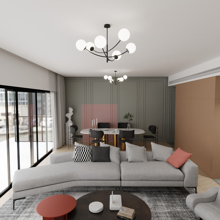 Sospenione Moderna 6 Luci Oceano Acciaio Nero Bracci Regolabili E Vetro Opalino