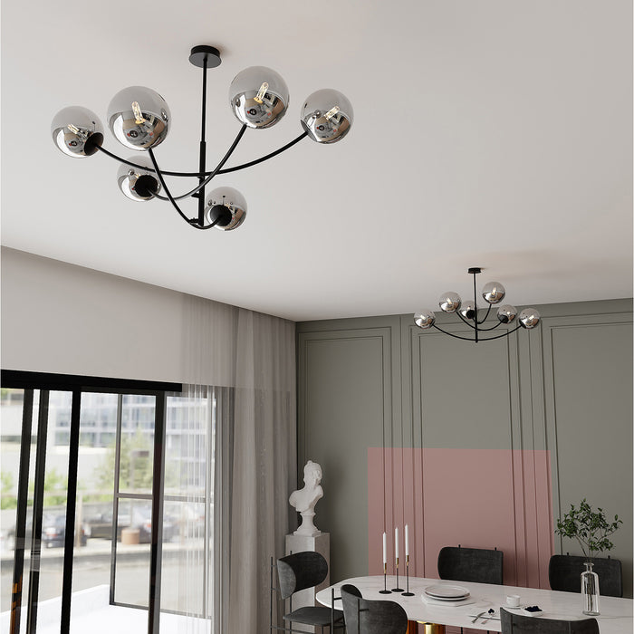 Sospenione Moderna 6 Luci Oceano In Acciaio Nero Bracci Regolabili E Vetro Fumè