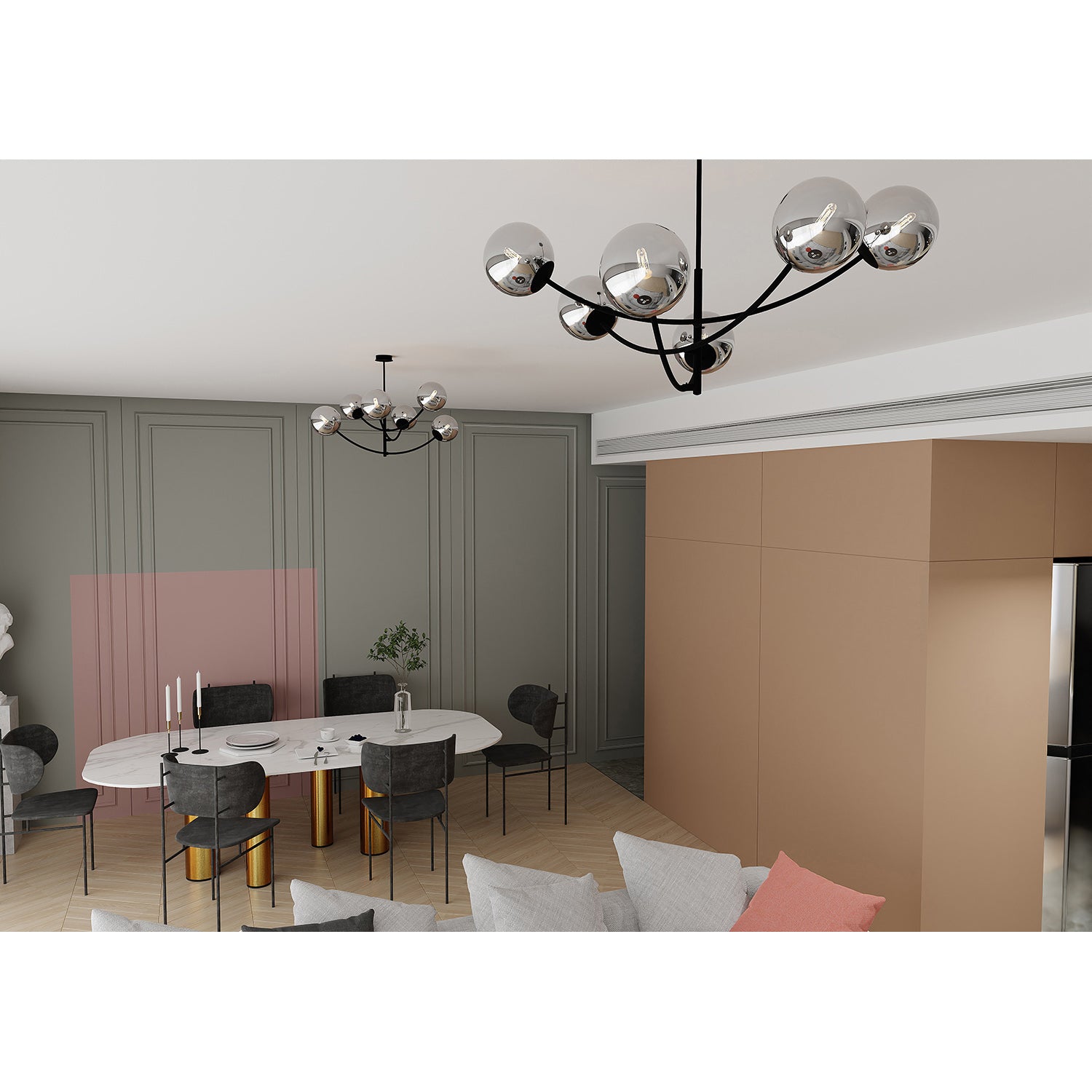 Sospenione Moderna 6 Luci Oceano In Acciaio Nero Bracci Regolabili E Vetro Fumè