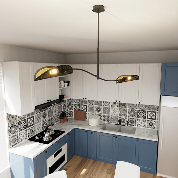 Sospensione Nordica 2 Luci Ares In Acciaio Nero Oro Bracci Regolabili