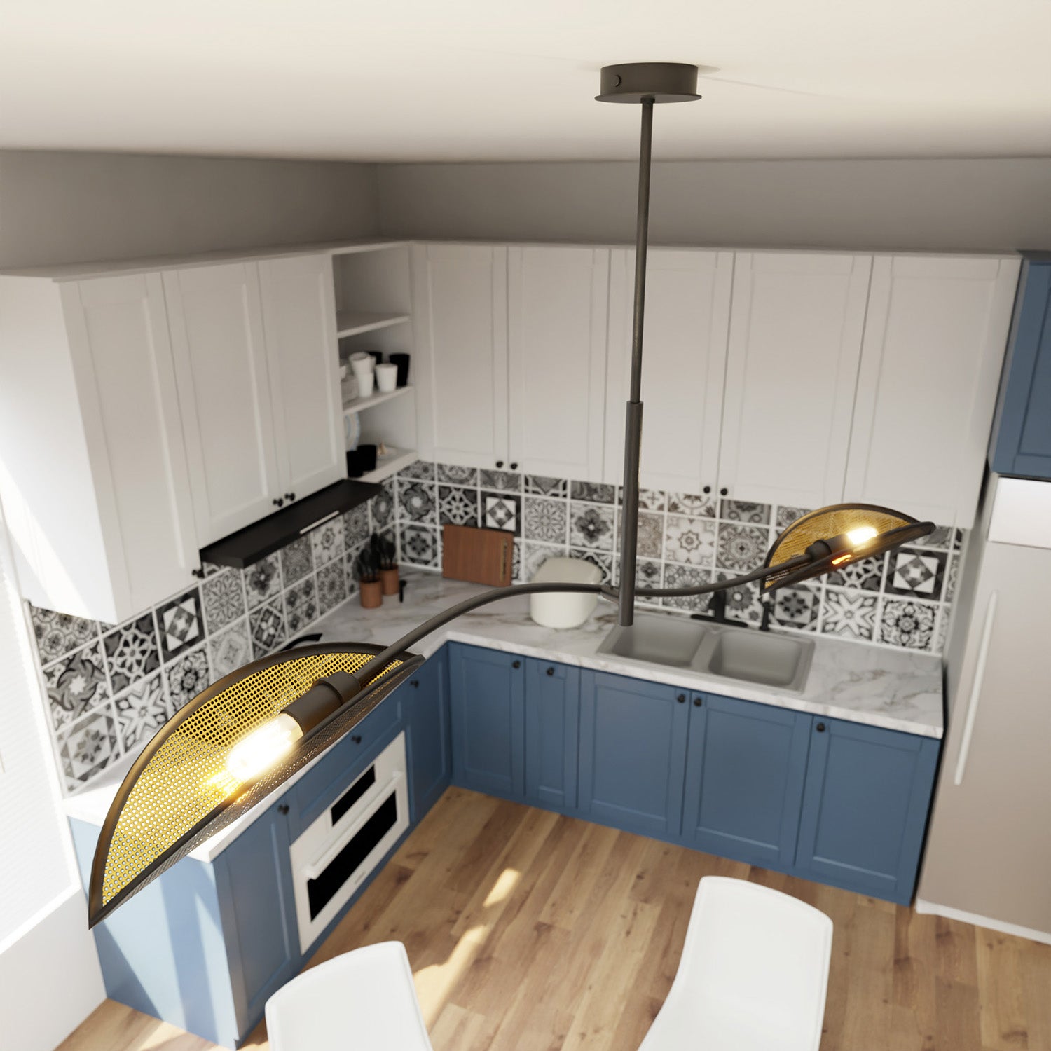 Sospensione Nordica 2 Luci Ares In Acciaio Nero Oro Bracci Regolabili