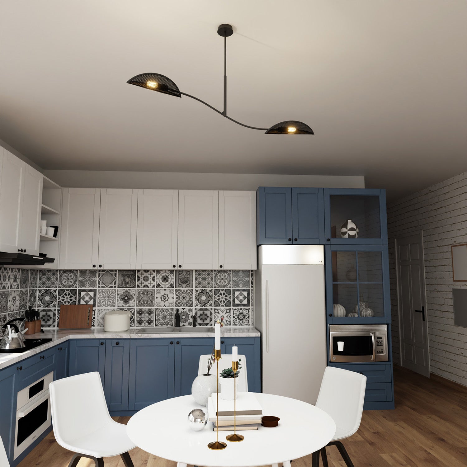 Sospensione Nordica 2 Luci Ares In Acciaio Nero Oro Bracci Regolabili