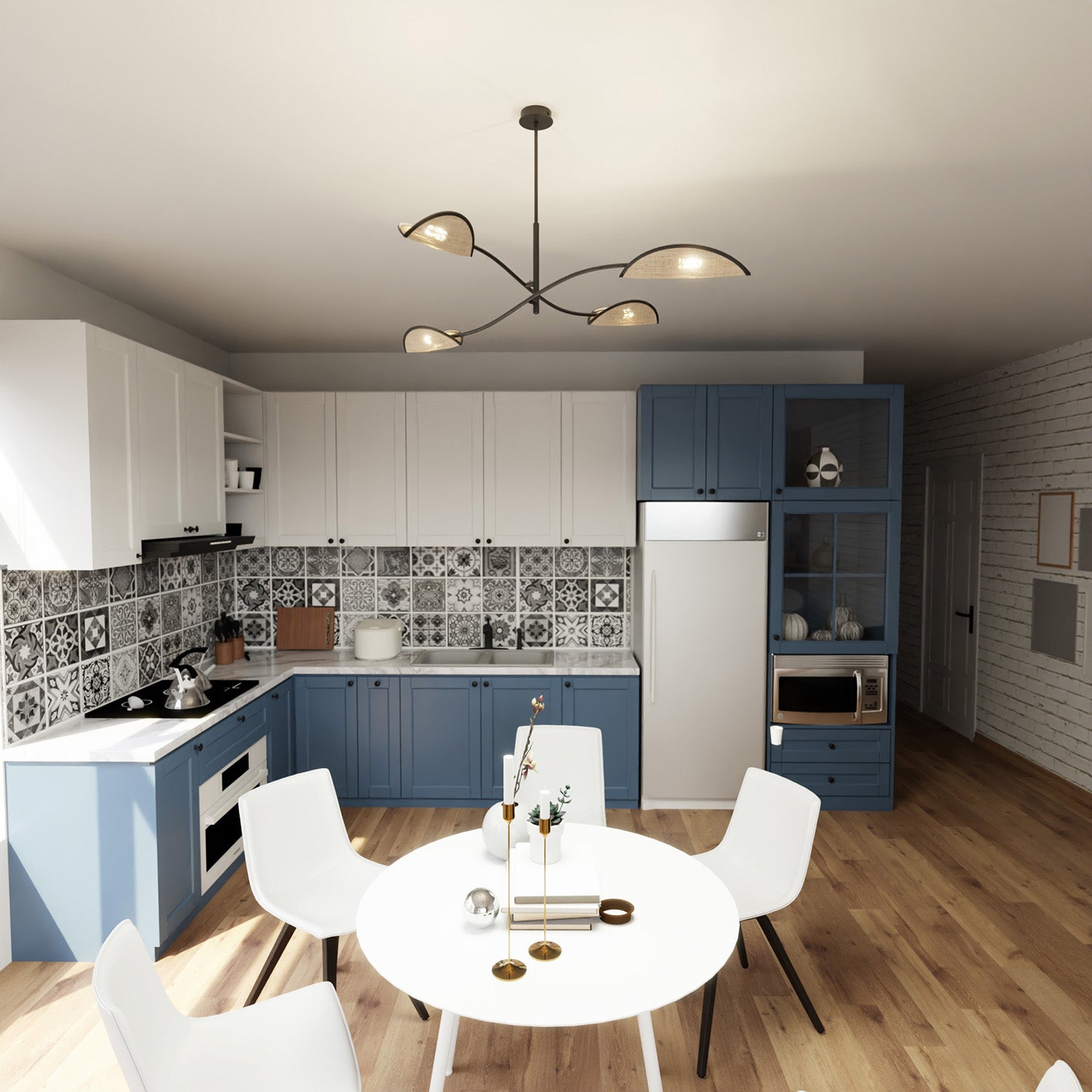 Sospensione Nordica 4 Luci Ares In Acciaio E Rattan Con Bracci Regolabili